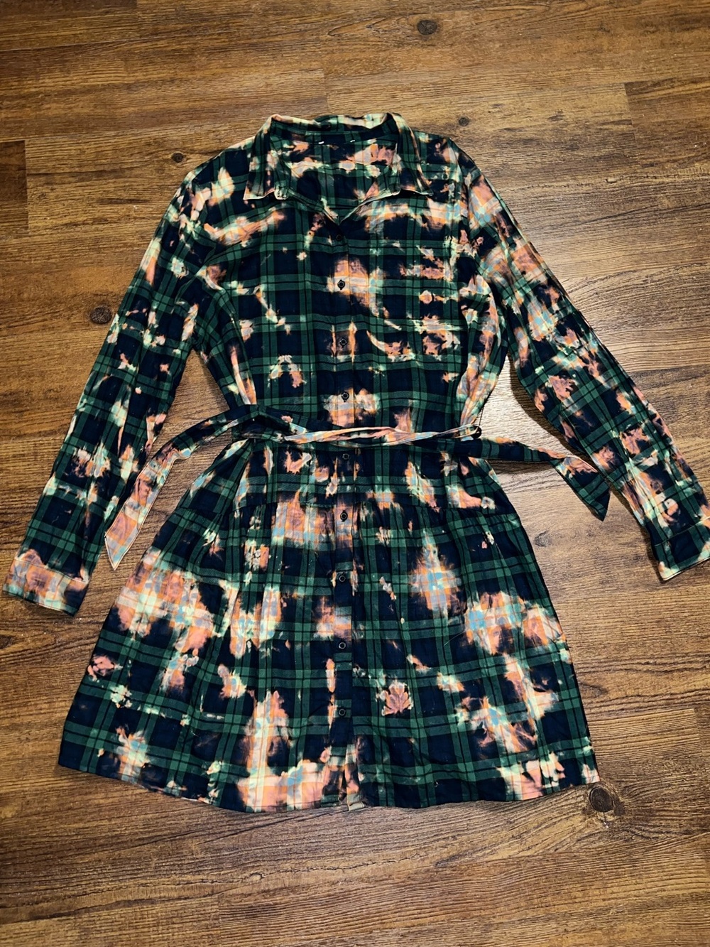 Green Plaid Acid Wash Belted Long Sleeve Button Front Mini Shirt Dress Size XL